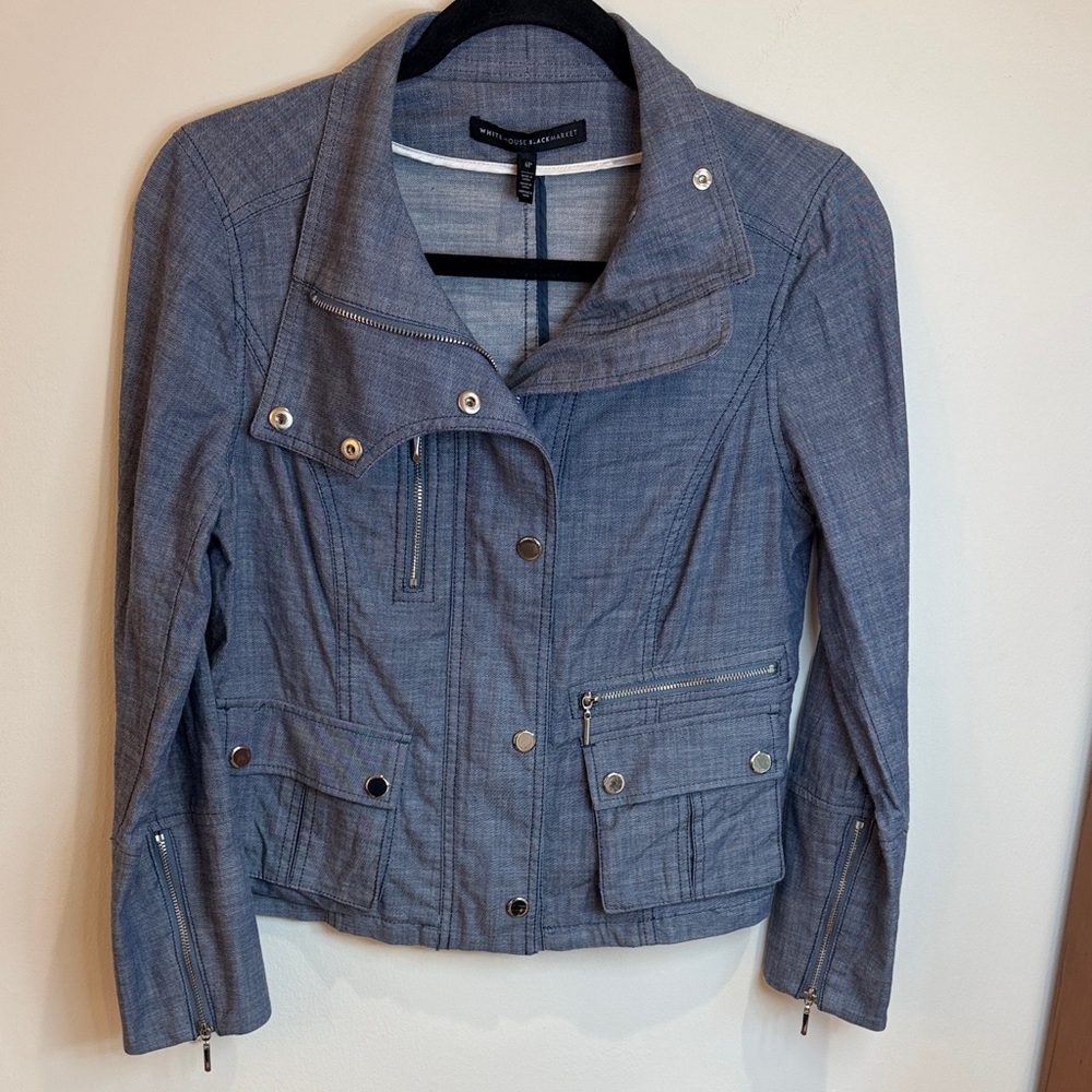 White House Black Market Denim Moto Jacket with Silver Accents, 4P- Bikercore